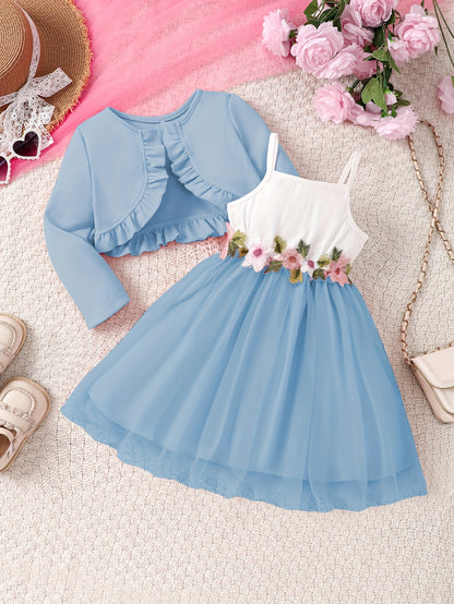 Girls' Autumn And Winter Casual Fashion Two-Piece Set with Ruffled Jacket And Floral Embroidered Dress, Perfect for Holiday Party Gifts, for Outdoor