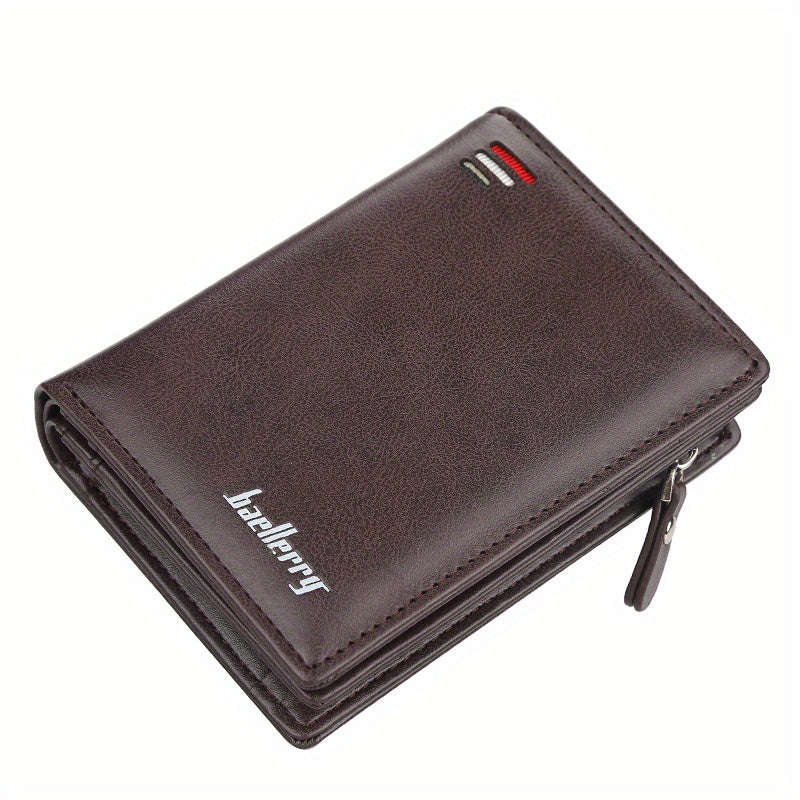 [Multi-card Retro Short Wallet] Baellerry Men's Business Retro Short Wallet Multi-card Slot PU Leather Buckle Zipper Bank Card Holder