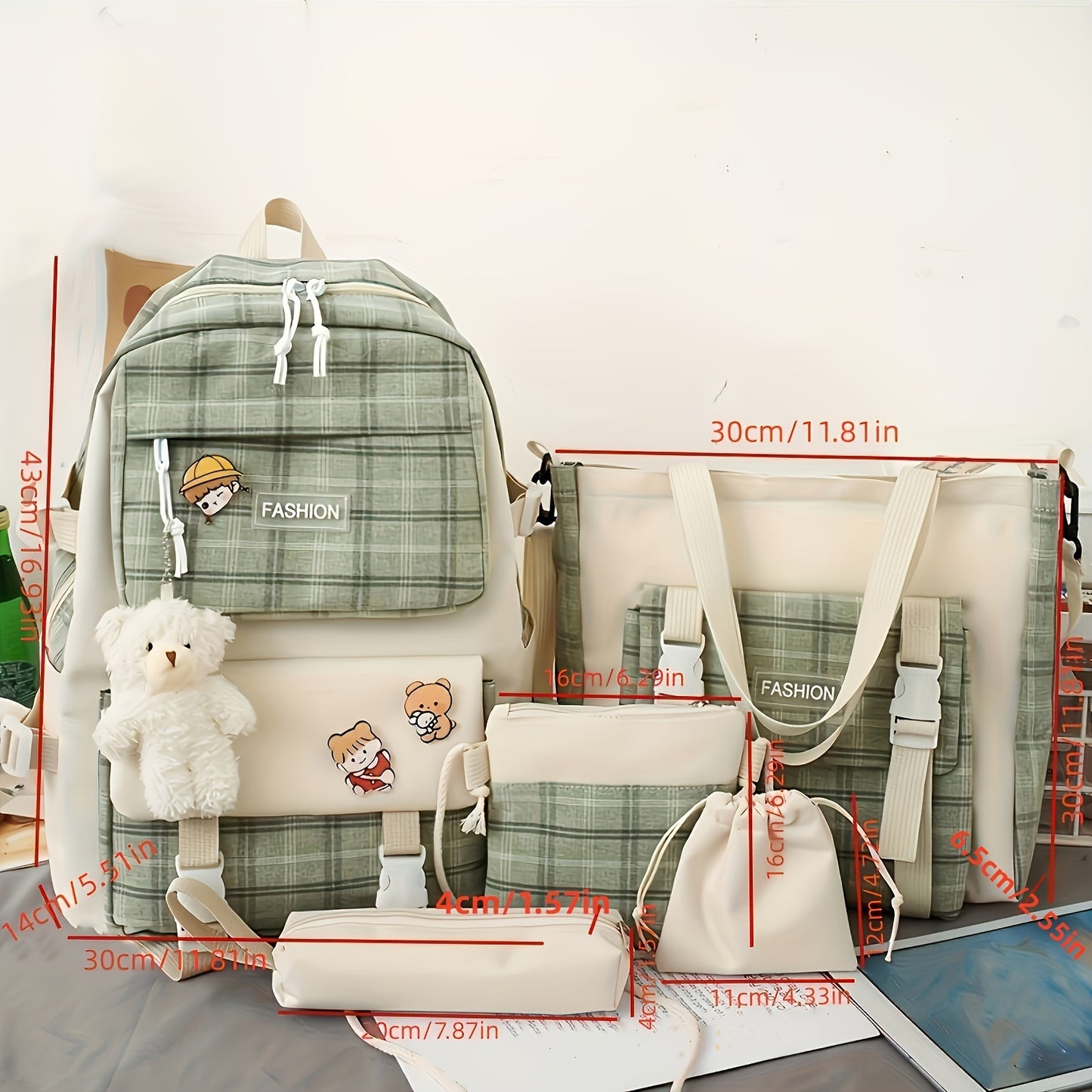 Women's Backpacks New Fashion Minimalist Plaid Color-Block Large Capacity High School Campus Backpack 5pcs Set Portable Single Compartment Crossbody Handbag Study Supply Bag