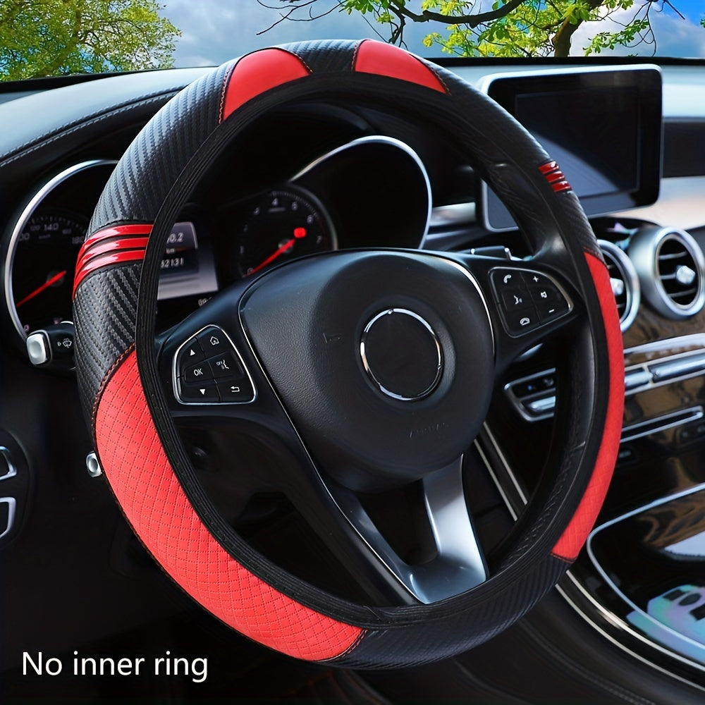 Steering Wheel Cover, PU Leather Carbon Fiber Cute Cartoon Fashion Without Inner Ring, Suitable for 37-38cm, Car Accessories