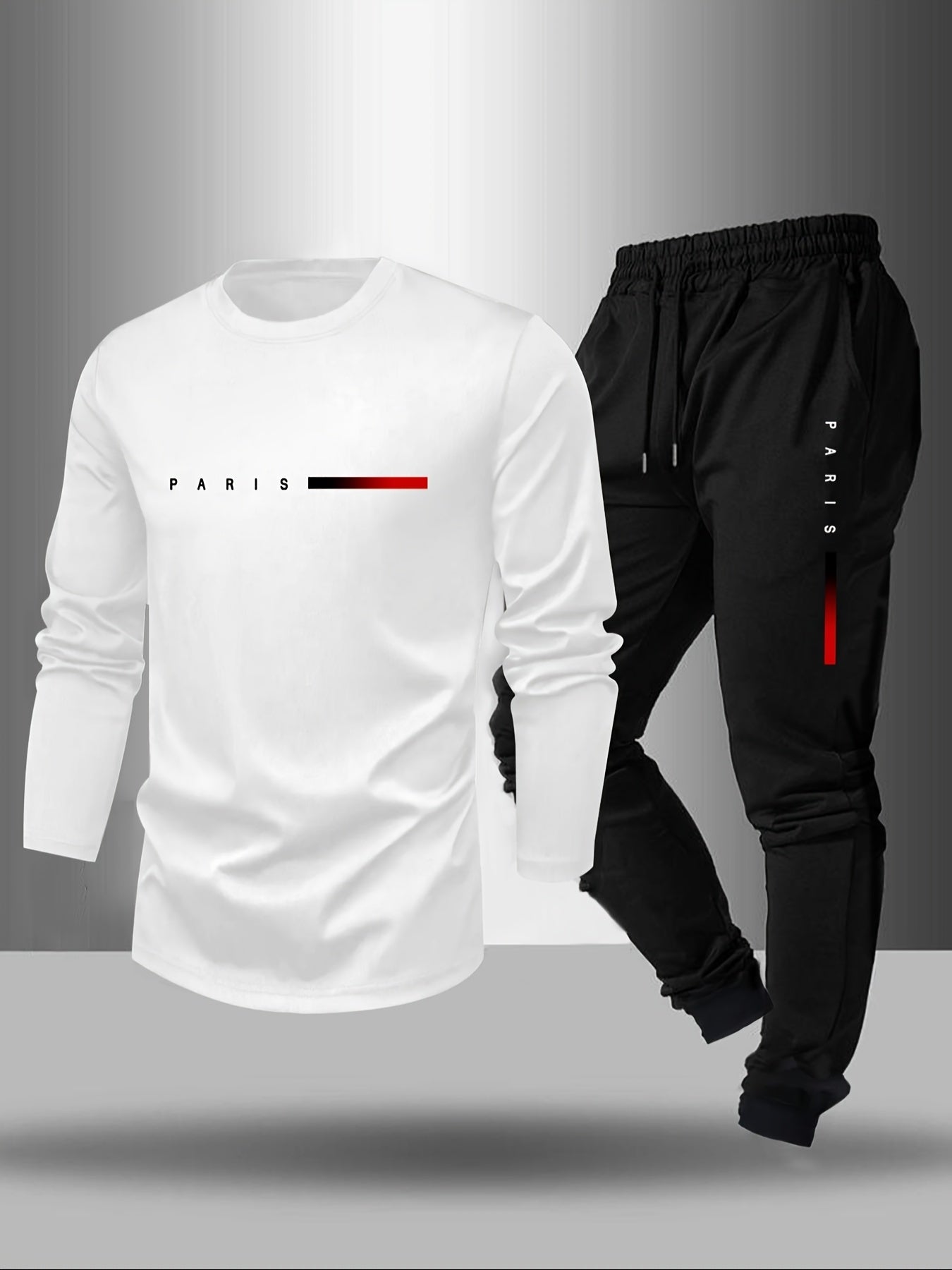 Men's Long Sleeve T-Shirt and Pants Set, Spring/Autumn 2-Piece Set with Paris Letter Print Crew Neck Long Sleeve T-Shirt + Drawstring Outdoor Casual Sports Pants Set 2-Piece