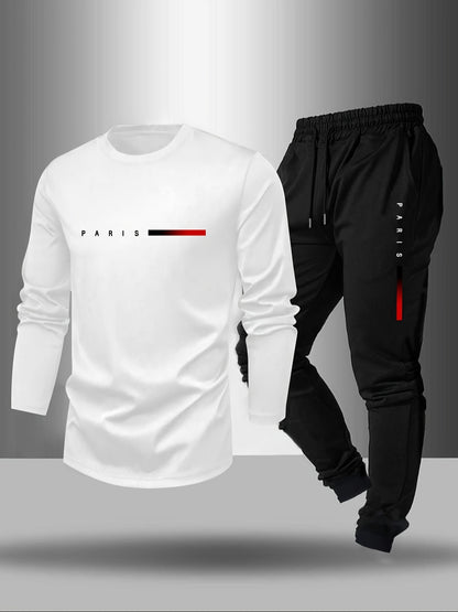Men's Long Sleeve T-Shirt and Pants Set, Spring/Autumn 2-Piece Set with Paris Letter Print Crew Neck Long Sleeve T-Shirt + Drawstring Outdoor Casual Sports Pants Set 2-Piece