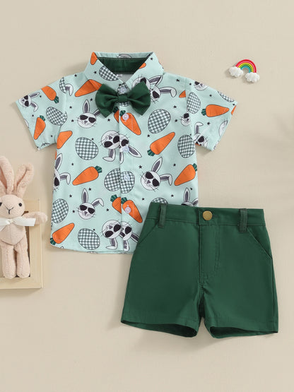 Summer Clothing Set for Young Boys Featuring a Short-Sleeve Shirt And Shorts with a Carrot And Rabbit Design, Complete with a Bowtie, for Outdoor