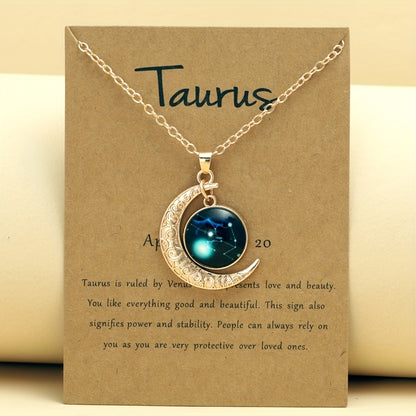 1pc Retro Glow-In-The-Dark Zodiac Moon Pendant Necklace - Vintage Style, Zinc Alloy with Accents, Adjustable Chain for Women - Ideal for Daily Wear & Gifting, Zodiac Jewelry, Gift Jewelry, Vintage Jewelry, Durable Jewelry