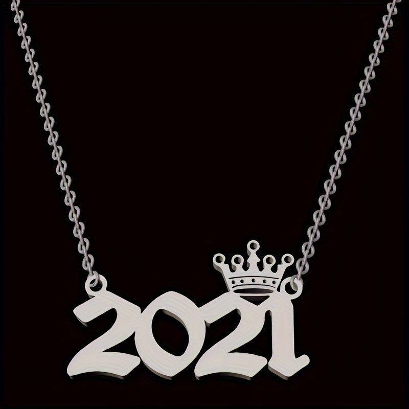 1 Elegant and Stylish Stainless Steel Polished Year Number Necklace, Unique Date Birthday Crown Pendant Necklace Gift for 1980-2024, Versatile Casual Attire Collarbone Chain Holiday Present