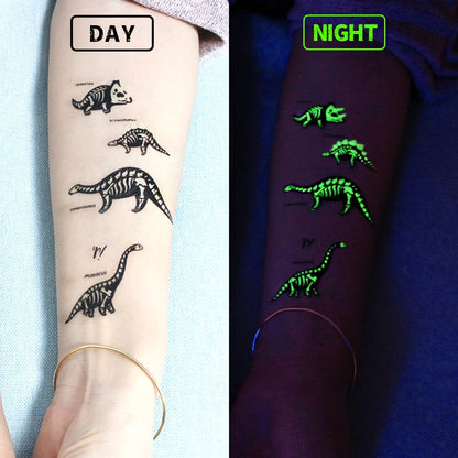 10 Sheets of Luminous Waterproof Glow-in-the-Dark Dinosaurs Temporary Tattoos, Featuring T-Rex, Pterosaur, Velociraptor, Triceratops, and Stegosaur Designs in Rectangular Shape, Perfect for Dinosaurs Birthday Party Supplies, Stocking Stuffers, and Christm