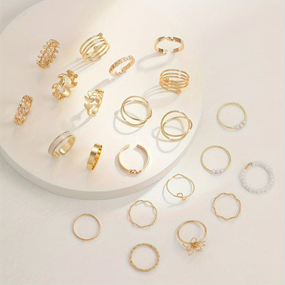 21pcs Olive Branch & Minimalist Flower Rings - Uncoated Olive Branch & Small Round//Square Bands for, Daily Wear & Resort, Year-Round Versatile (21-Ring Set)