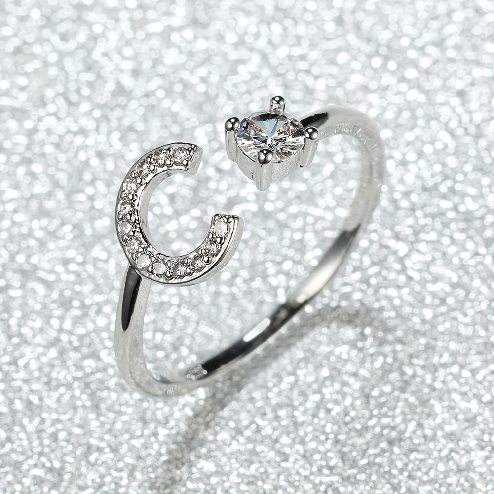 Elegant Adjustable Alphabet Ring | Chic Alloy with Glass Accents | Perfect for Daily Wear & Gifting on Mother's Day or Christmas