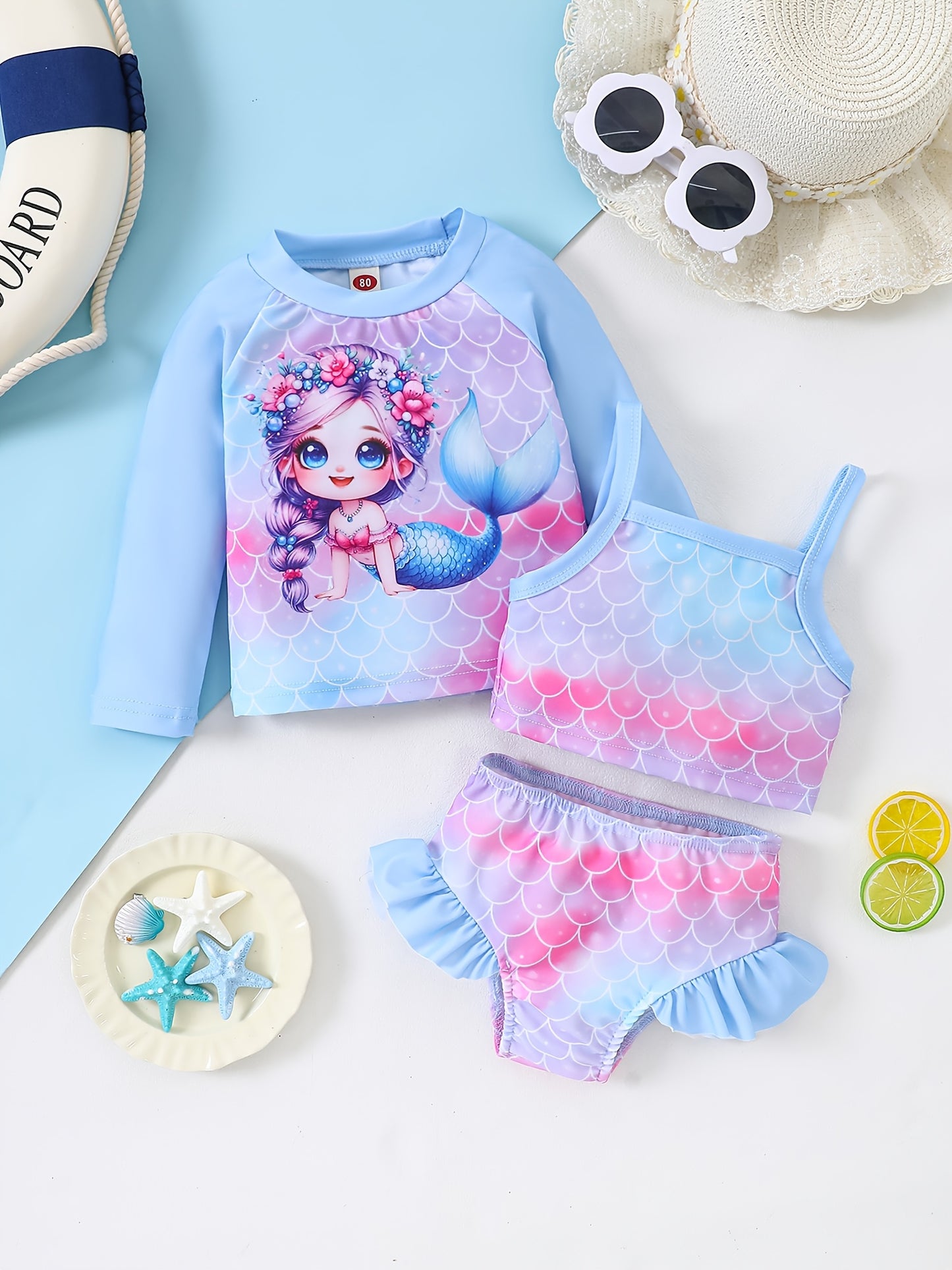 Girls' Fashion Swimsuit Set, Three-Piece Mermaid Rainbow Horse Rainbow Fish Scale, Cover-Up Camisole Shorts Bikini Split Set