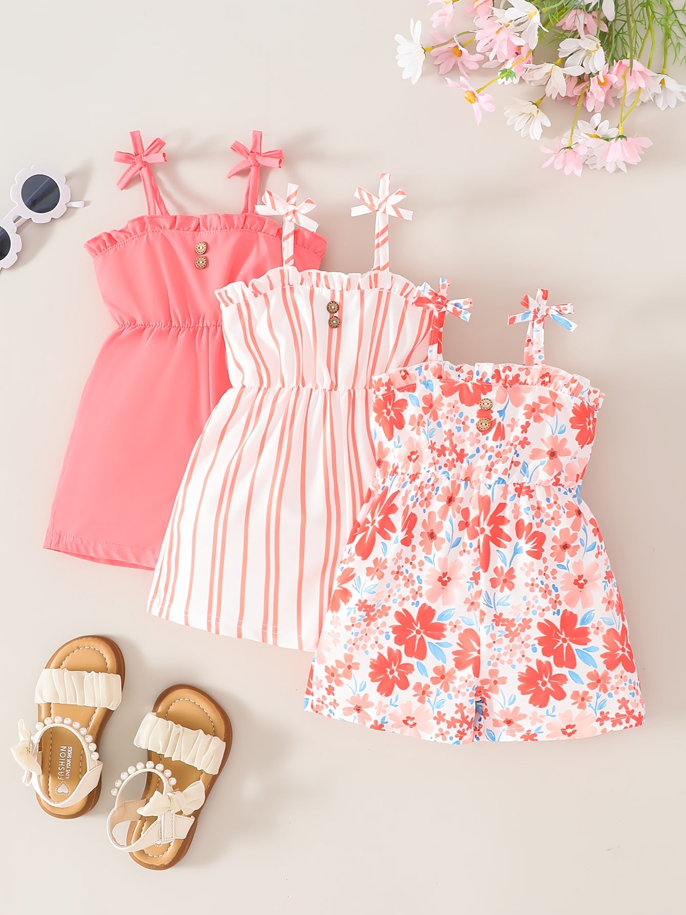 Summer 0-3Y baby girl three-piece set onesie, countryside romantic style, sleeveless, casual and fashionable, suitable for outdoor travel and daily wear, Perfect for Outdoor