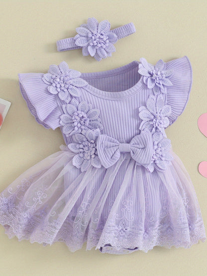 Girl 2pcs Outfits Mesh Lace Patchwork Ruffle Romper Dress and Headband Cute Fashion Summer Clothes, Perfect for Outdoor