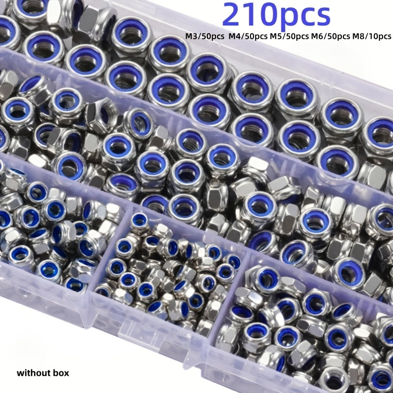 210-Pcs/150-Pcs Nylon Lock Nuts - Nylon Inserts, Full Thread, M3/M4/M5/M6/M8 Locking Design, Hex Screws, Durable Construction, for Industrial and Scientific Applications, Construction, Electrical Repair and Installation, Fasteners without box
