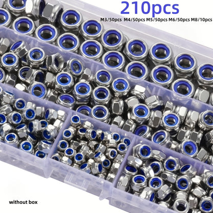 210-Pcs/150-Pcs Nylon Lock Nuts - Nylon Inserts, Full Thread, M3/M4/M5/M6/M8 Locking Design, Hex Screws, Durable Construction, for Industrial and Scientific Applications, Construction, Electrical Repair and Installation, Fasteners without box