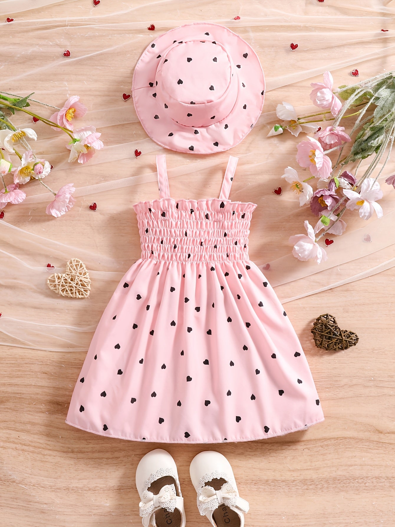 Girls' 0-3 Years Summer 2pcs Set: Sleeveless Heart Print Wrap Camisole Dress + Hat Princess Dress, Two Colors Available