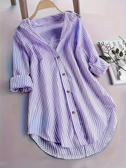 Elegant Striped Shirt for Women, Stylish Long-Sleeve Blouse with a Collar And Pockets