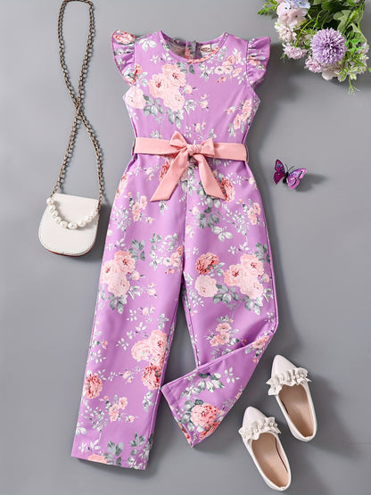 Girls' Casual Jumpsuit, Sleeveless Round Neck with Floral Print, Back Zipper Design with Belt, Perfect for Outdoor Activities, Summer Fashion