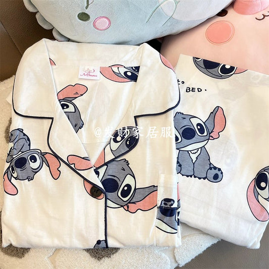 ins style cute Stitch pajamas spring and autumn new long-sleeved trousers loose cardigan homewear set