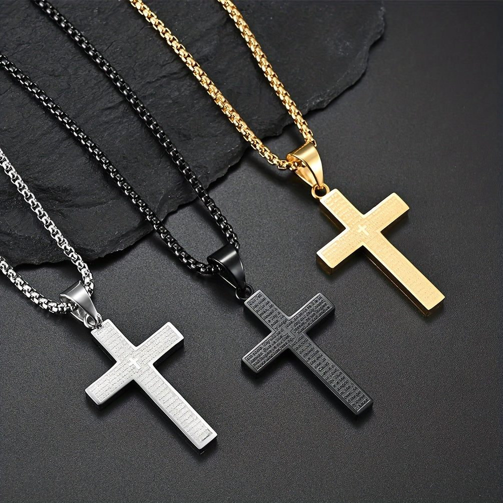 1pc 304 304 Stainless Steel Hypoallergenic Cross Pendant Necklace | 18K Gold Plated, Multi-Color Engraved, Includes Box, Unisex, Ideal for Daily Wear and Gift-Giving Occasions