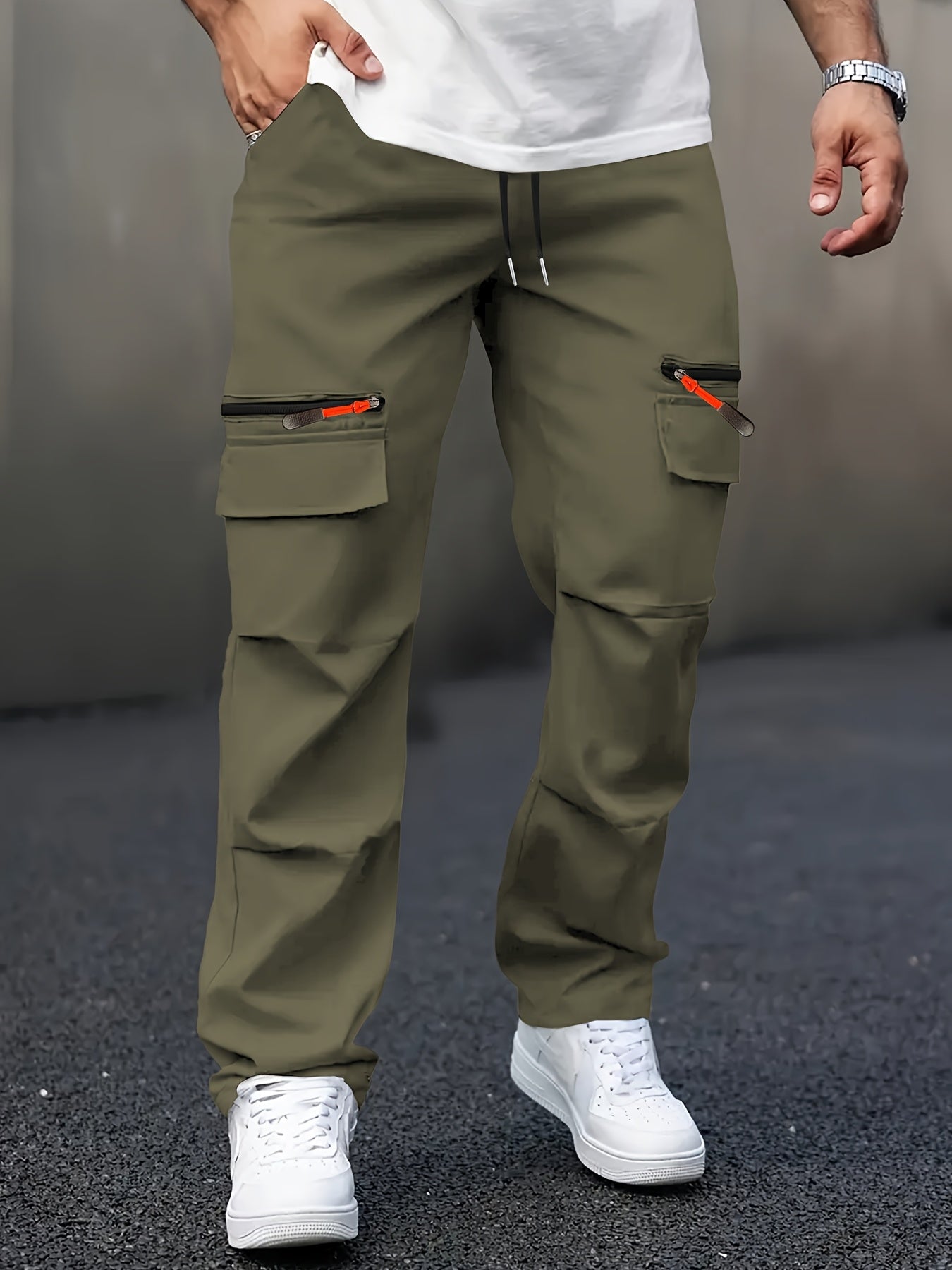 Men's Casual Cargo Pants with Multiple Pockets - Straight Leg, Loose Fit,, Zipper Details, Perfect for Spring and Fall