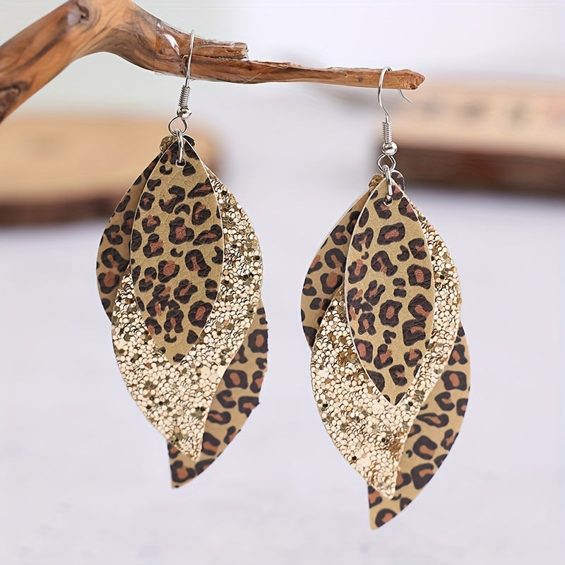 [Triple Leopard Sequin Earrings] Vintage Triple Leopard PU Leather Sequin Layer Earrings