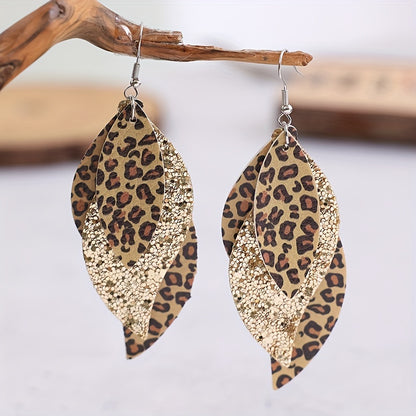 [Triple Leopard Sequin Earrings] Vintage Triple Leopard PU Leather Sequin Layer Earrings