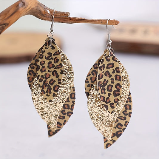 [Triple Leopard Sequin Earrings] Vintage Triple Leopard PU Leather Sequin Layer Earrings