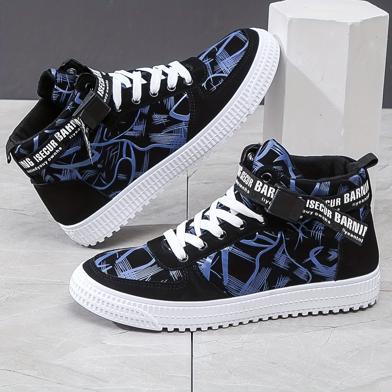 Men'S Fashionable Easy Comfortable Black Mid-Top Casual Sneakers | Non-Slip, Versatile for All Seasons, Faux Upper and Sole, Lace Closure