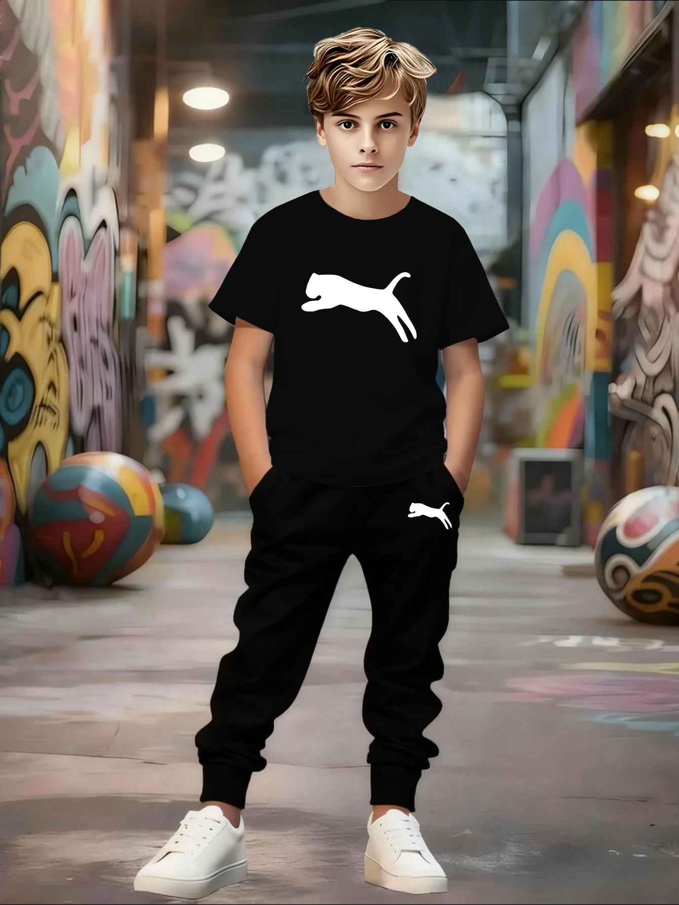 Spring/Summer New Boys' Short Sleeve + Thin Pants Set, Unique Geometric Pattern Design, Versatile Sportswear Set, Stylish and Comfortable, Slightly Stretchy Fabric, Regular Fit, Suitable for Outdoor Use, Perfect for Outdoor