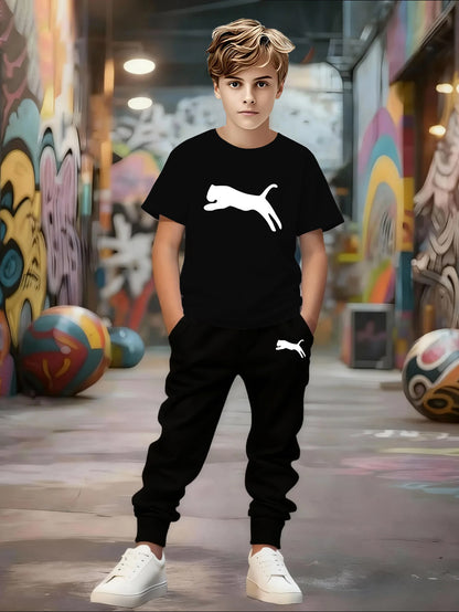 Spring/Summer New Boys' Short Sleeve + Thin Pants Set, Unique Geometric Pattern Design, Versatile Sportswear Set, Stylish and Comfortable, Slightly Stretchy Fabric, Regular Fit, Suitable for Outdoor Use, Perfect for Outdoor