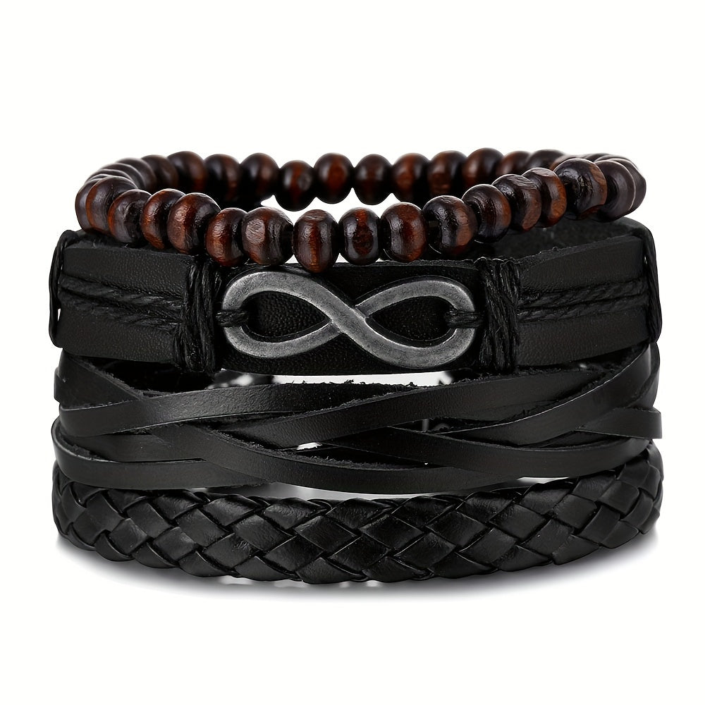 Men's 4pcs Mobius Loop Denim Faux Leather Bracelet Set - Vintage Infinity Bead Multi-Layer Band for Rock & Carnival Fashion, Band, Faux Leather