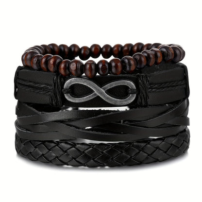 Men's 4pcs Mobius Loop Denim Faux Leather Bracelet Set - Vintage Infinity Bead Multi-Layer Band for Rock & Carnival Fashion, Band, Faux Leather