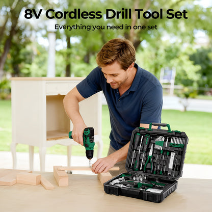 129pcs Power Tool Set | With 8V Cordless Drill/ Driver | Max No-load Speed 800r/min | Portable Multi Toolbox | For Home Projects, Garden, Camping, Office Maintenance And Fall Refurbish | Gifts For Women | Easter Gift