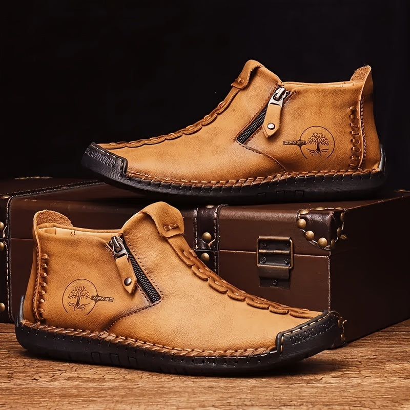 GEAINO Men's PU Boots/Vintage Style, Round Toe/Rubber Sole, Faux Upper and Inner/Zippered Short