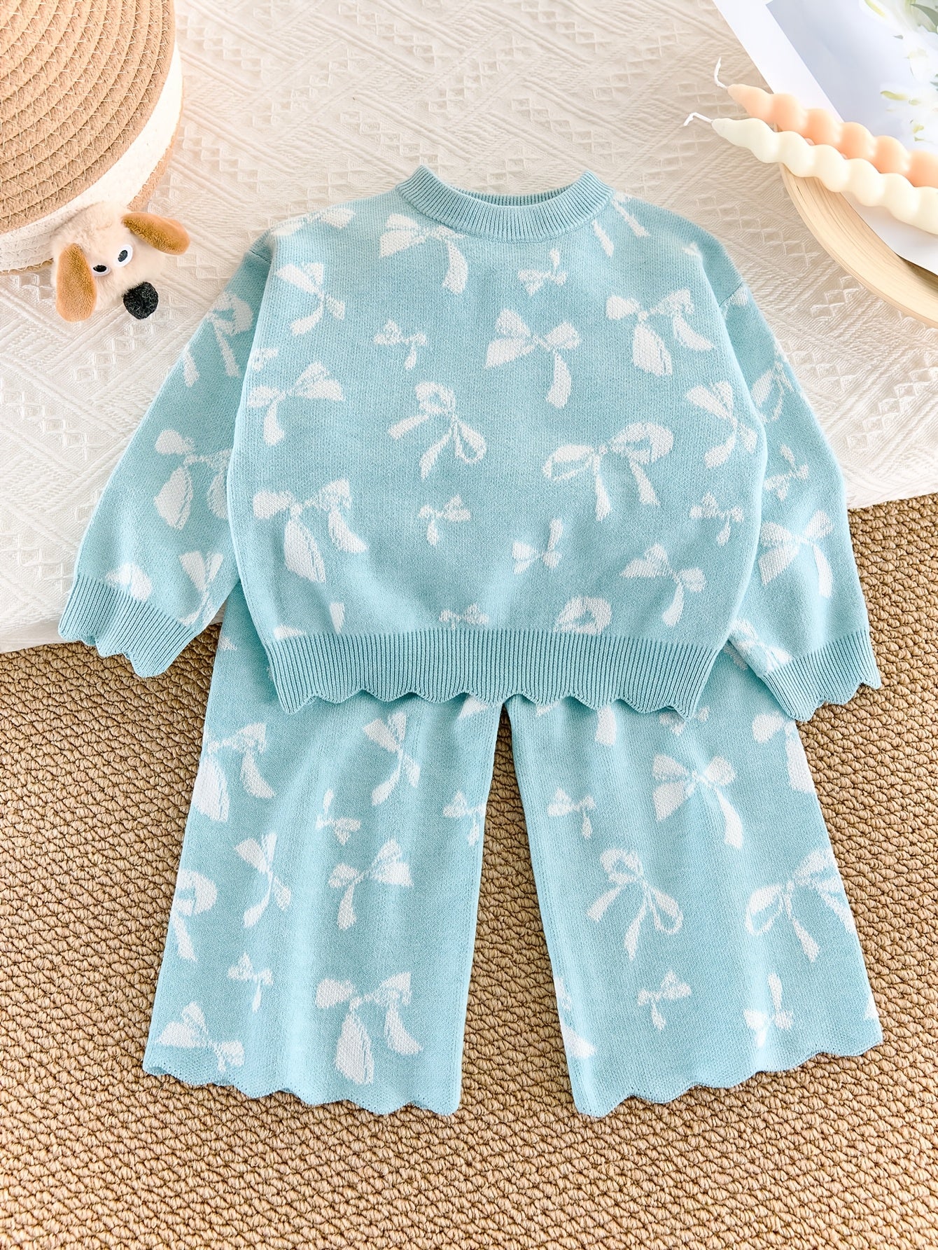 Baby Girl Sweater Set Autumn And Winter Baby Bow All-Over Print Wide-Leg Knit Two-Piece Set, for Outdoor