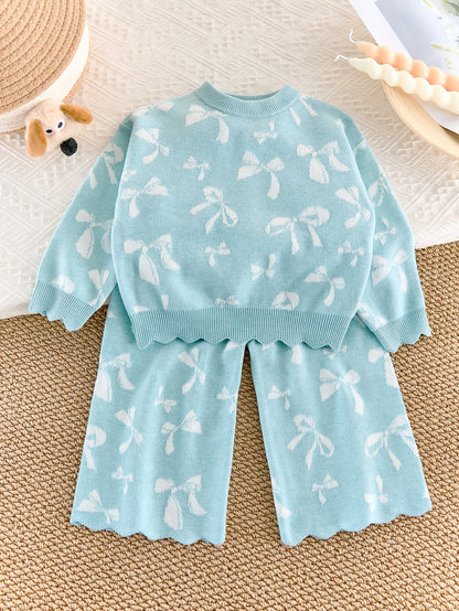 Baby Girl Sweater Set Autumn And Winter Baby Bow All-Over Print Wide-Leg Knit Two-Piece Set, for Outdoor
