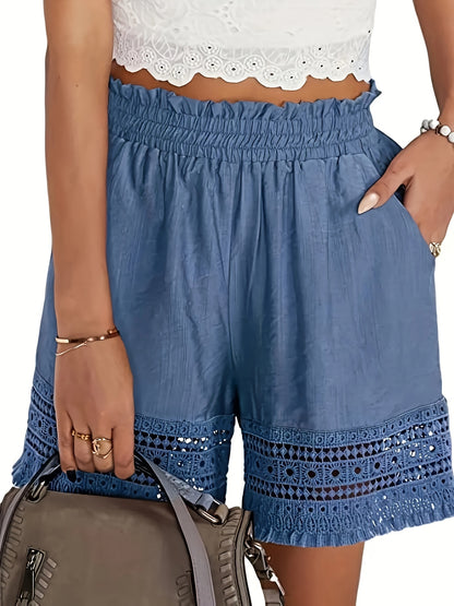 Summer Casual Shorts for Women, Lace Trim Slant Pocket Paper Bag Waist Shorts