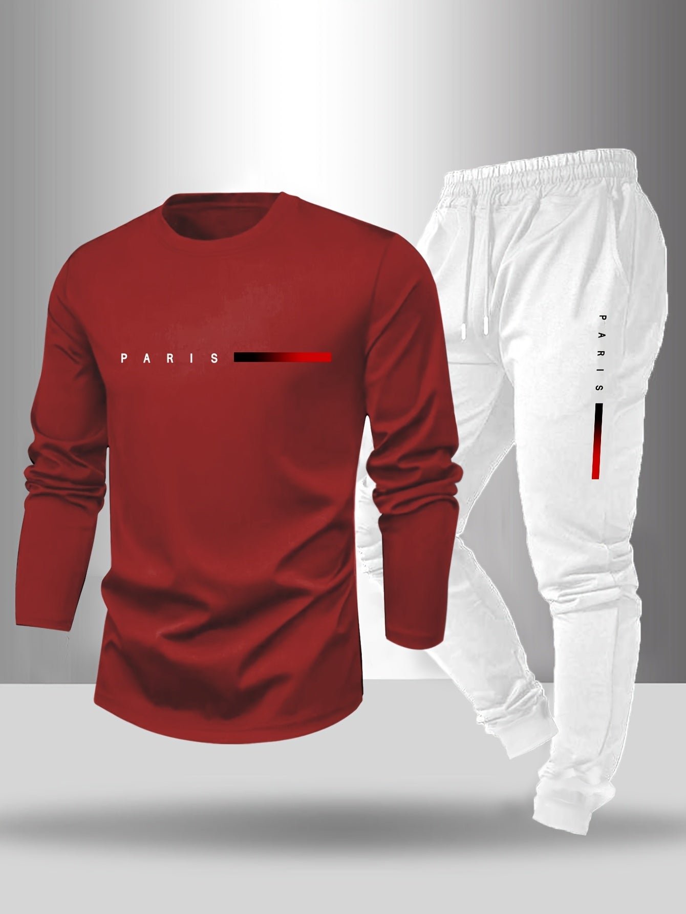 Men's Long Sleeve T-Shirt and Pants Set, Spring/Autumn 2-Piece Set with Paris Letter Print Crew Neck Long Sleeve T-Shirt + Drawstring Outdoor Casual Sports Pants Set 2-Piece